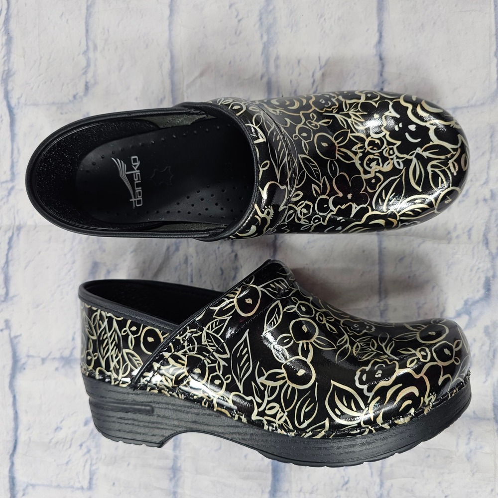 Dansko Professional Clogs Womens 38 Black Gold Floral Patent Leather Work Shoes